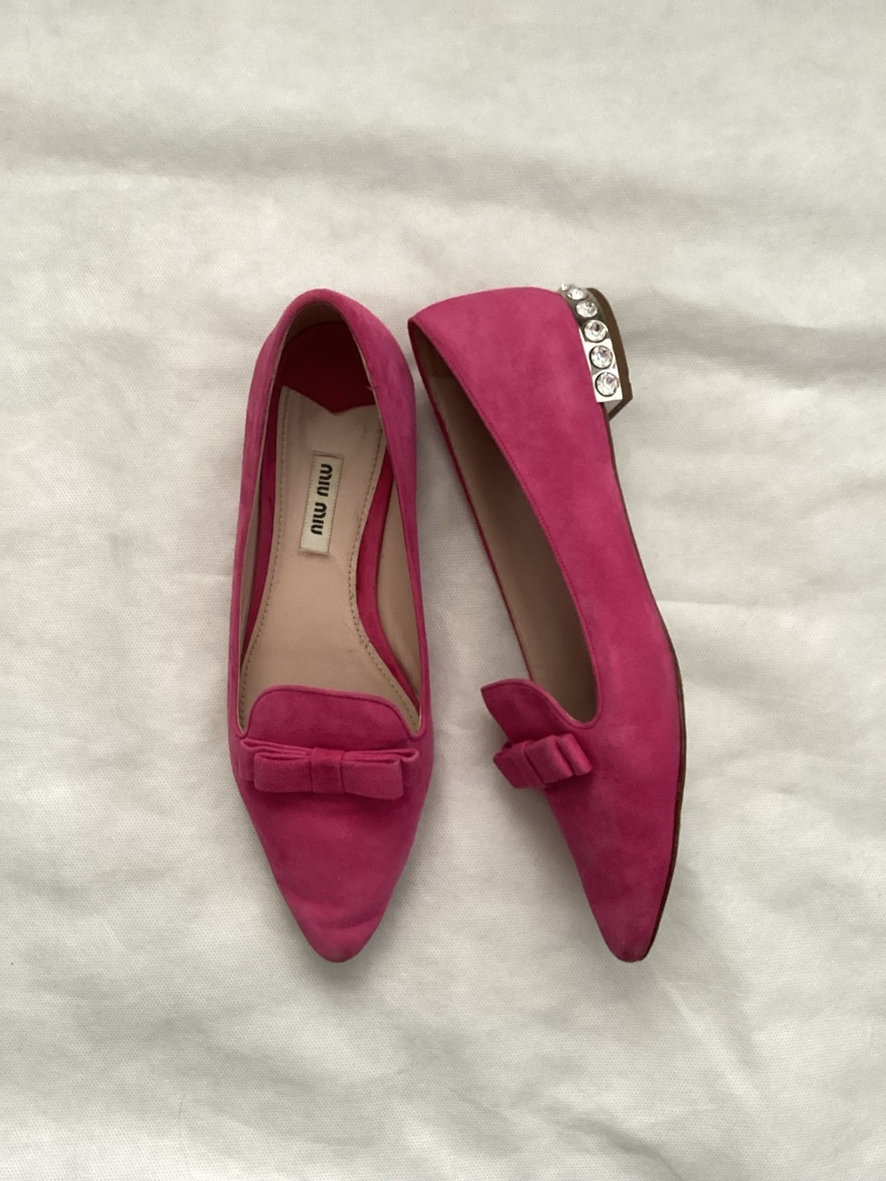 Miu Miu Pink Suede Flats with Bow and Crystal Embellished Heel, Size 38